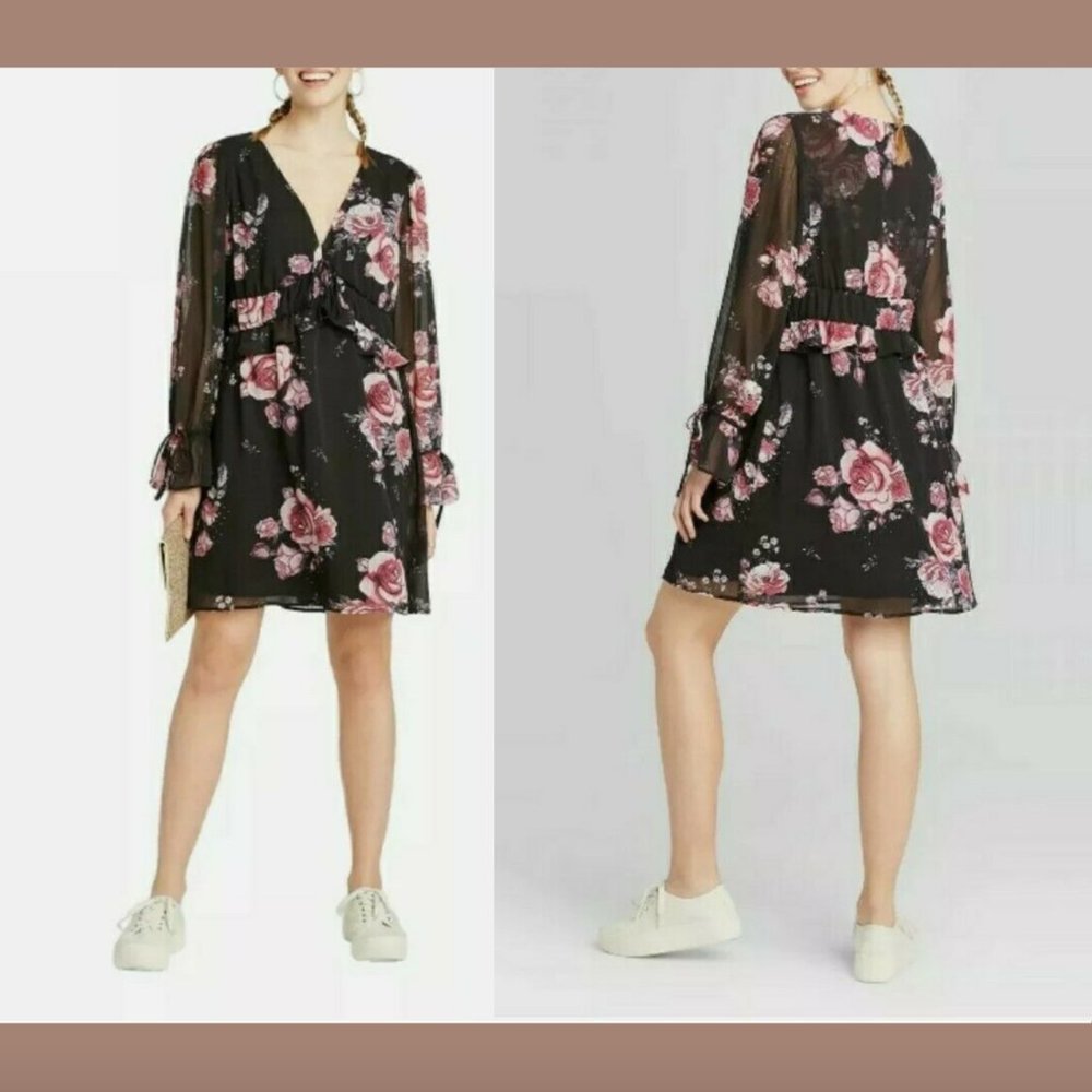 NWT $28 Xhilaration Floral Long‎ Sleeve Tie Front Dress Small